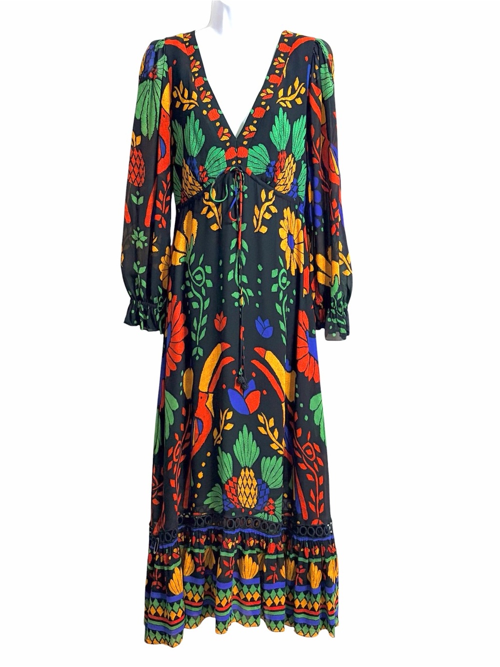 Farm Rio Boho Tropical Toucan Maxi Dress Womens S Black Crochet Balloon Sleeves